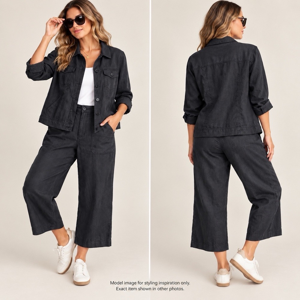 Linden Hill Womens XL 16 Black 100% Linen Jacket Pants 2 Piece Matching Set